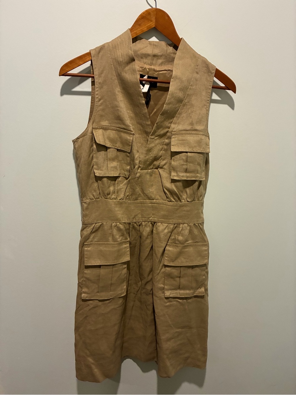 LAUNDRY BY SHELLI SEGAL Linen Sleeveless Utility Pocket Dress in Khaki Size 8